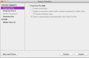 Dialog box for exporting a synchronized timeline